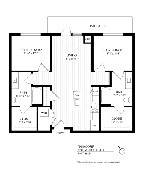 Floor plan for 2 beds, 2 baths, 1012 sqft